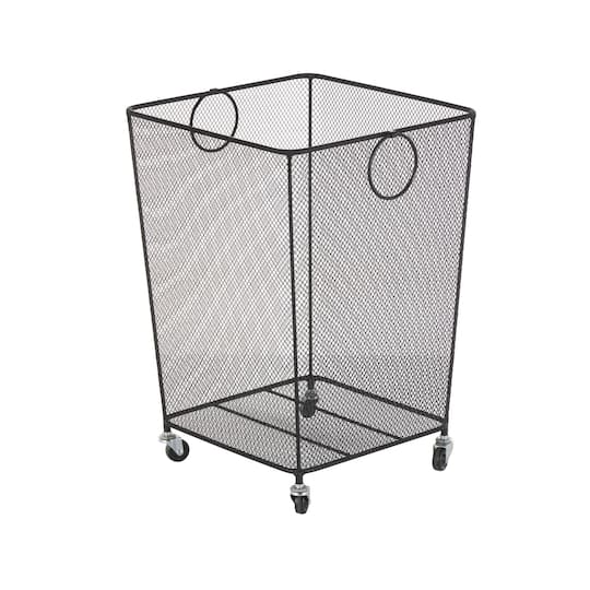 24" Black Metal Square Mesh Wire Rolling Laundry Storage Cart with Ring Handles